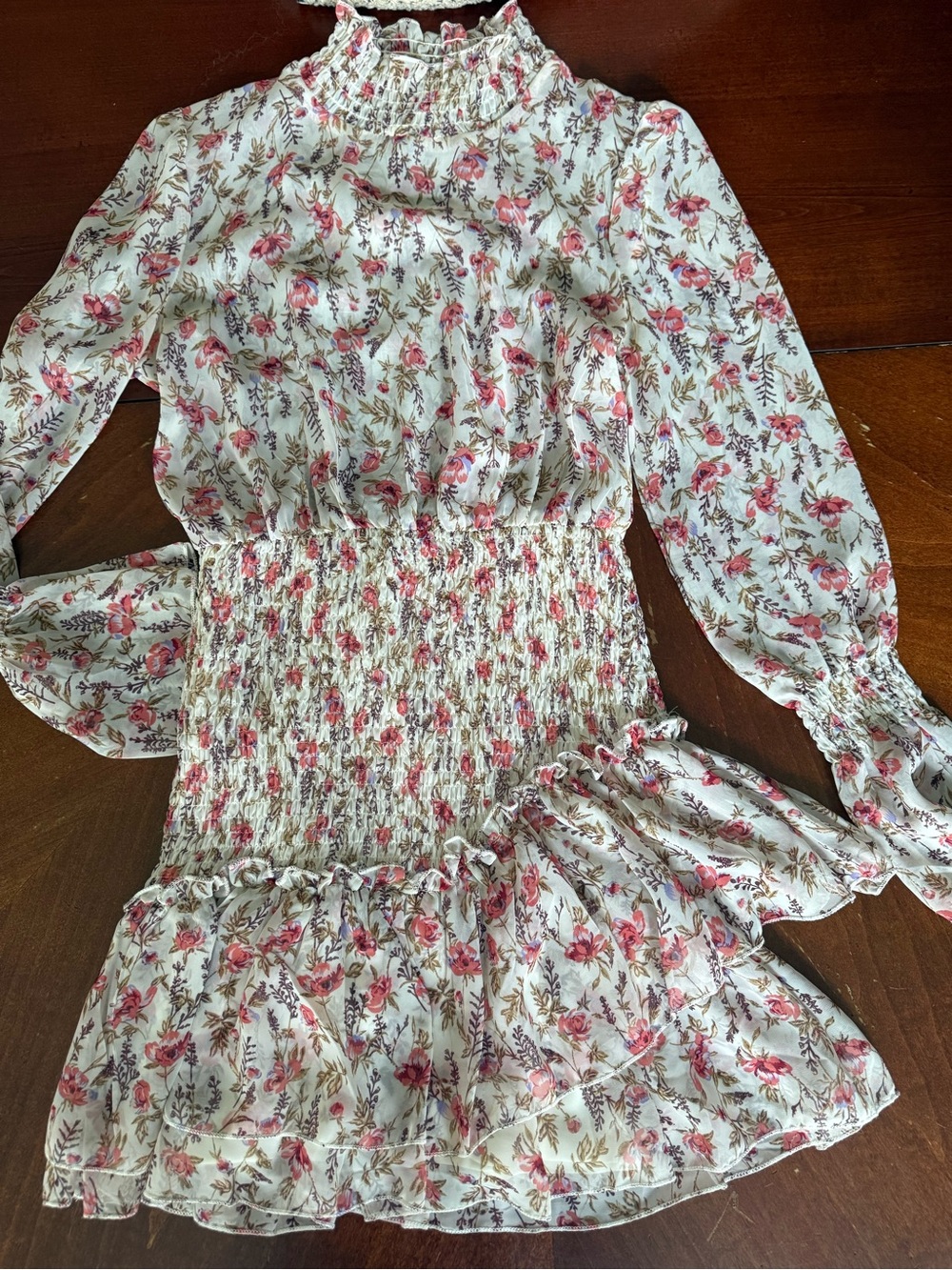Smocked White Floral Long-Sleeve Dress for Girls